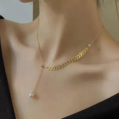 Fashion Pearl Leaf Design Necklace Earrings Set (4 pcs)